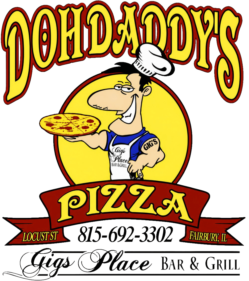 Dohdaddy's Pizza logo — a cartoon chef in a Gig's Place shirt holding a pizza